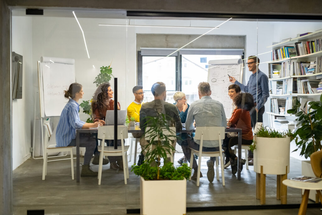 Business team brainstorming ideas during a meeting in a modern office